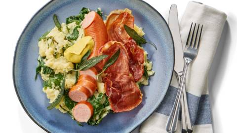 Knolselderij- spinaziestamppot met krokante rauwe ham