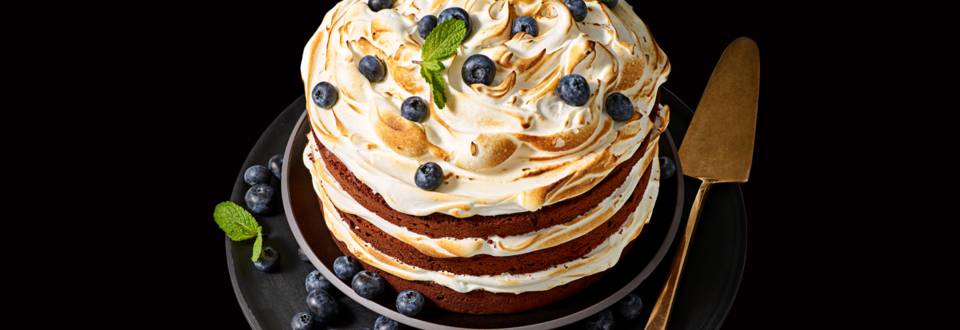 Chocolate Velvet cake met blauwe bessen en munt